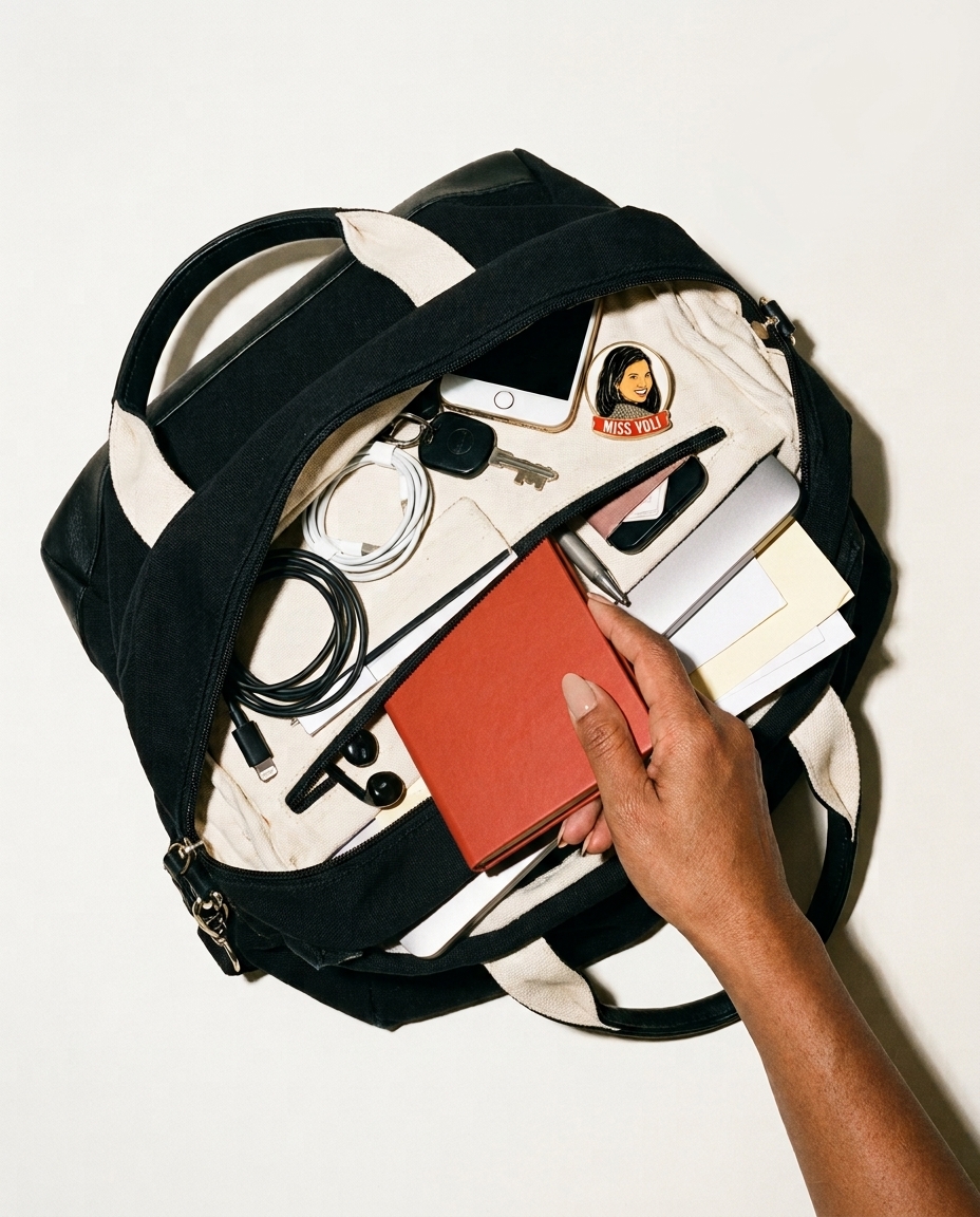 Sac avec un pin Miss Voli, carnet rouge et affaires prêtes pour une séance à domicile ou en visio