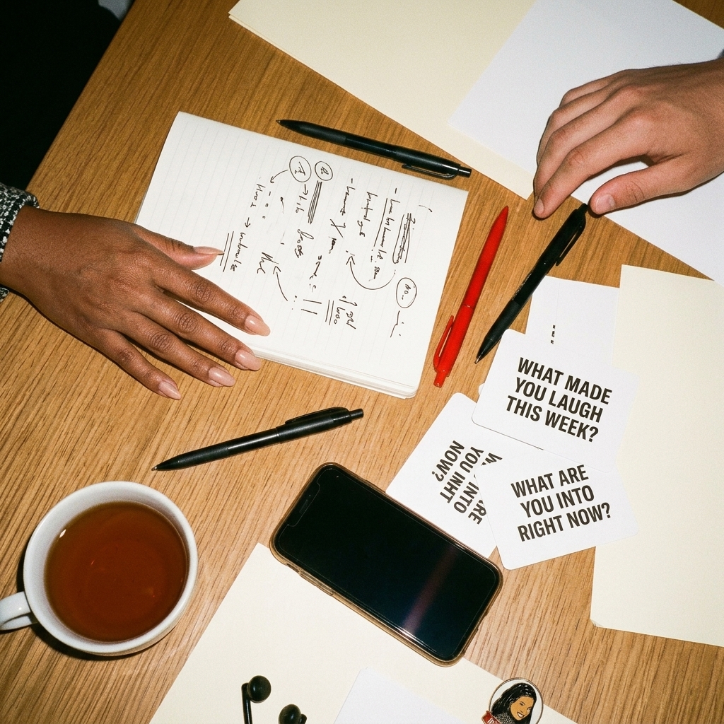 Séance de cours particulier : notes prises en anglais, tasse de thé et cartes de conversation sur une table