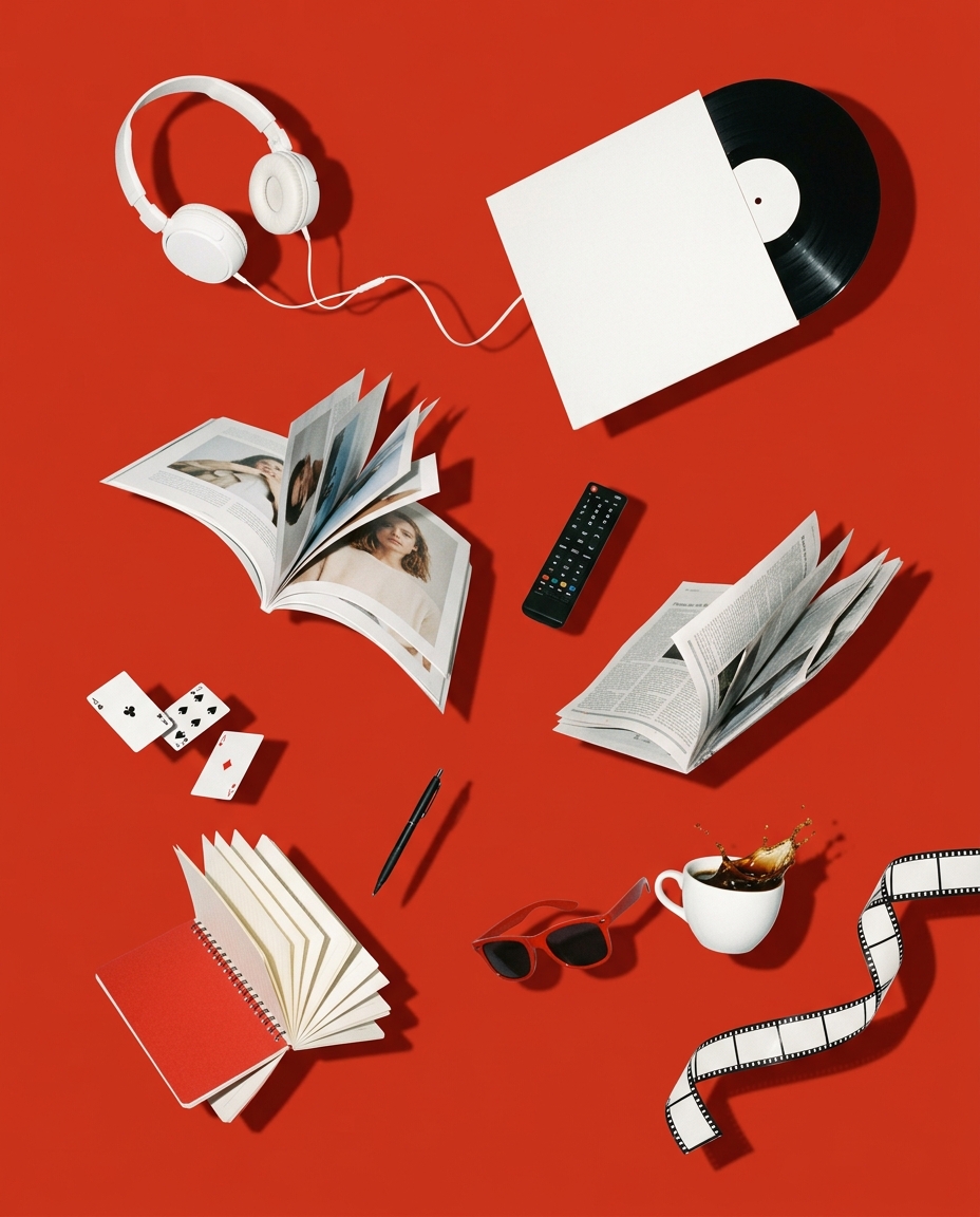 Objets de pop culture : vinyle, magazines, films, jeux de cartes